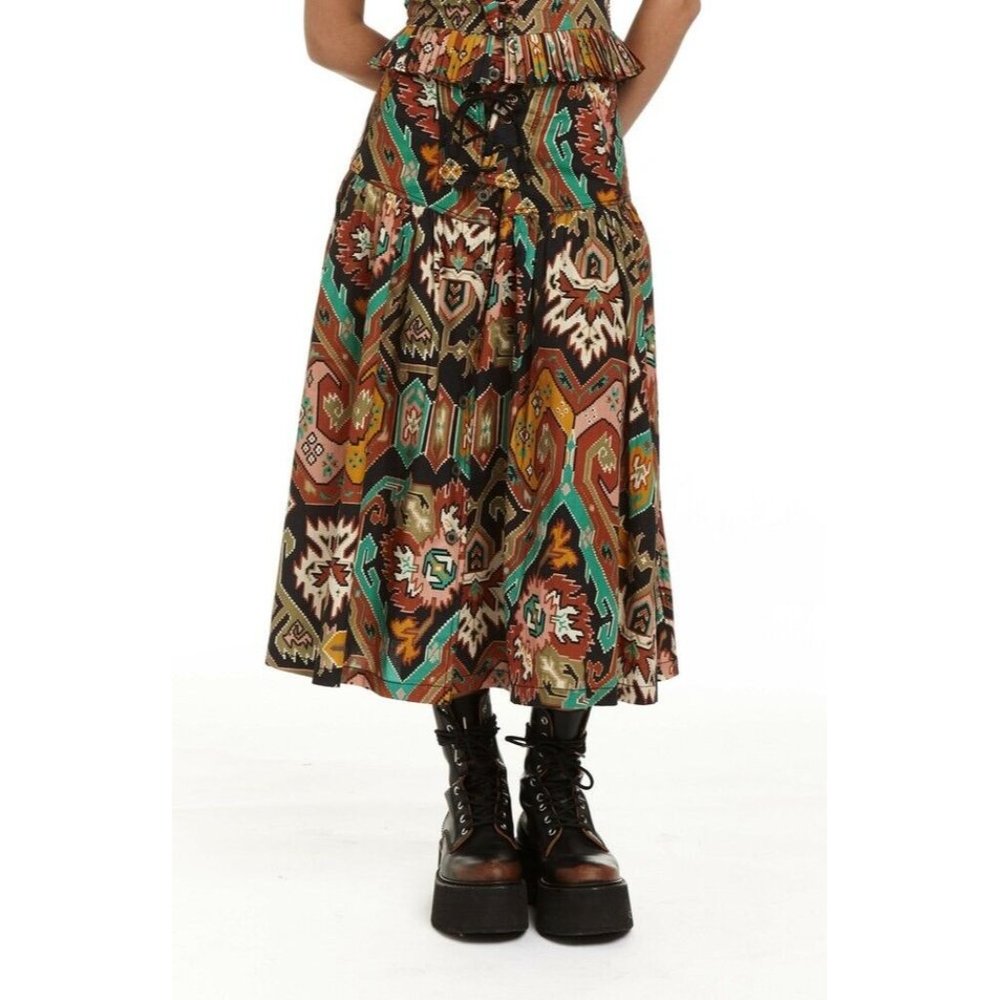 LOVE THE LABEL Belle Skirt Marrakesh Print Corset Lace Up Midi Skirt, Size XS